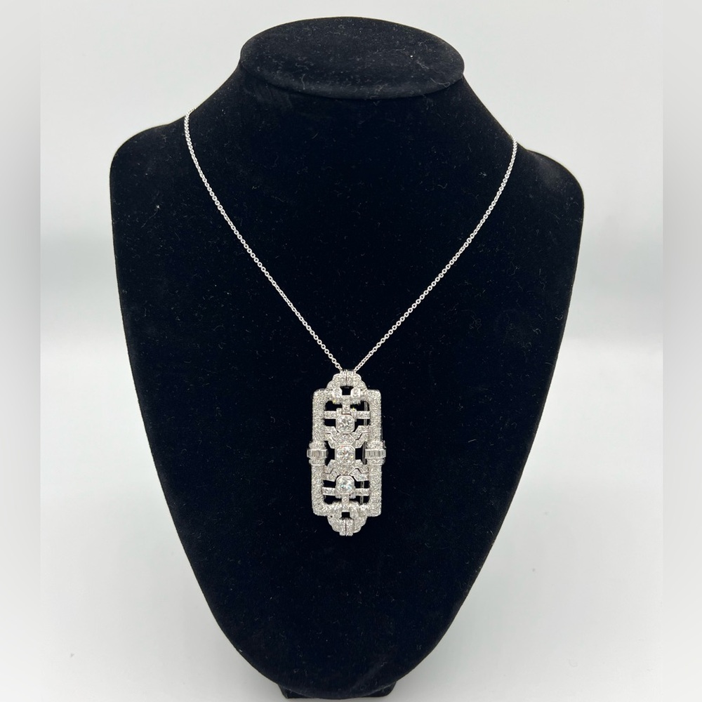 Antique 5 Carat Natural Mined Diamond 14K White Gold Brooch/Pendant. Art Deco.